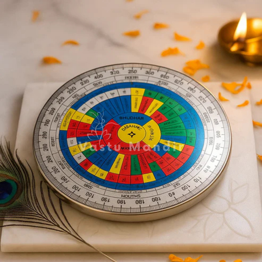 Astrological wheel with colorful sections on a white surface with decorative elements.