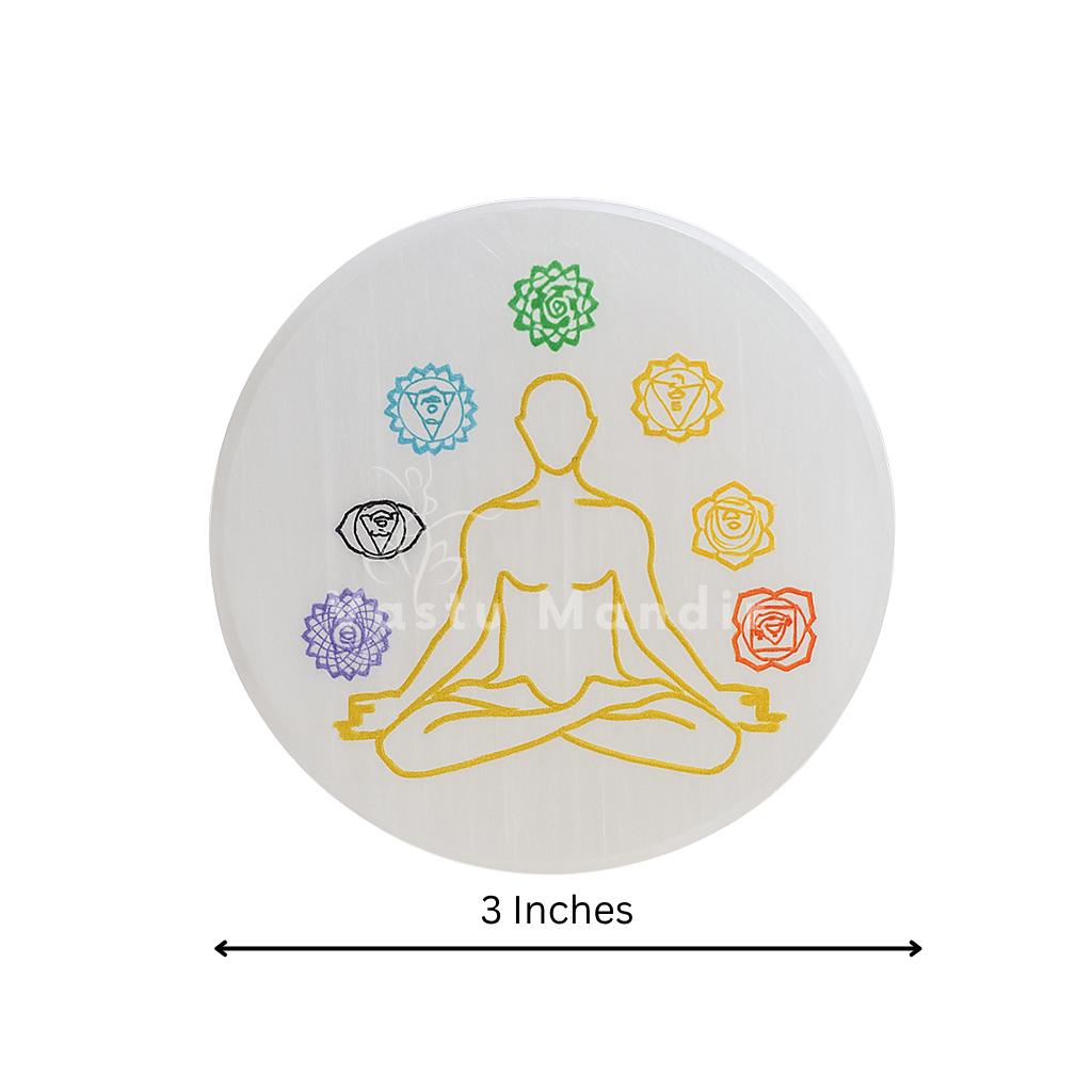 3-Inch Selenite Charging Plate with 7 Chakra Flower of Life Engraving | Vastu Crystal Cleansing Plate