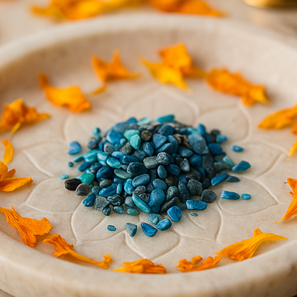 Sodalite crystal chips arranged in a styled spiritual setting