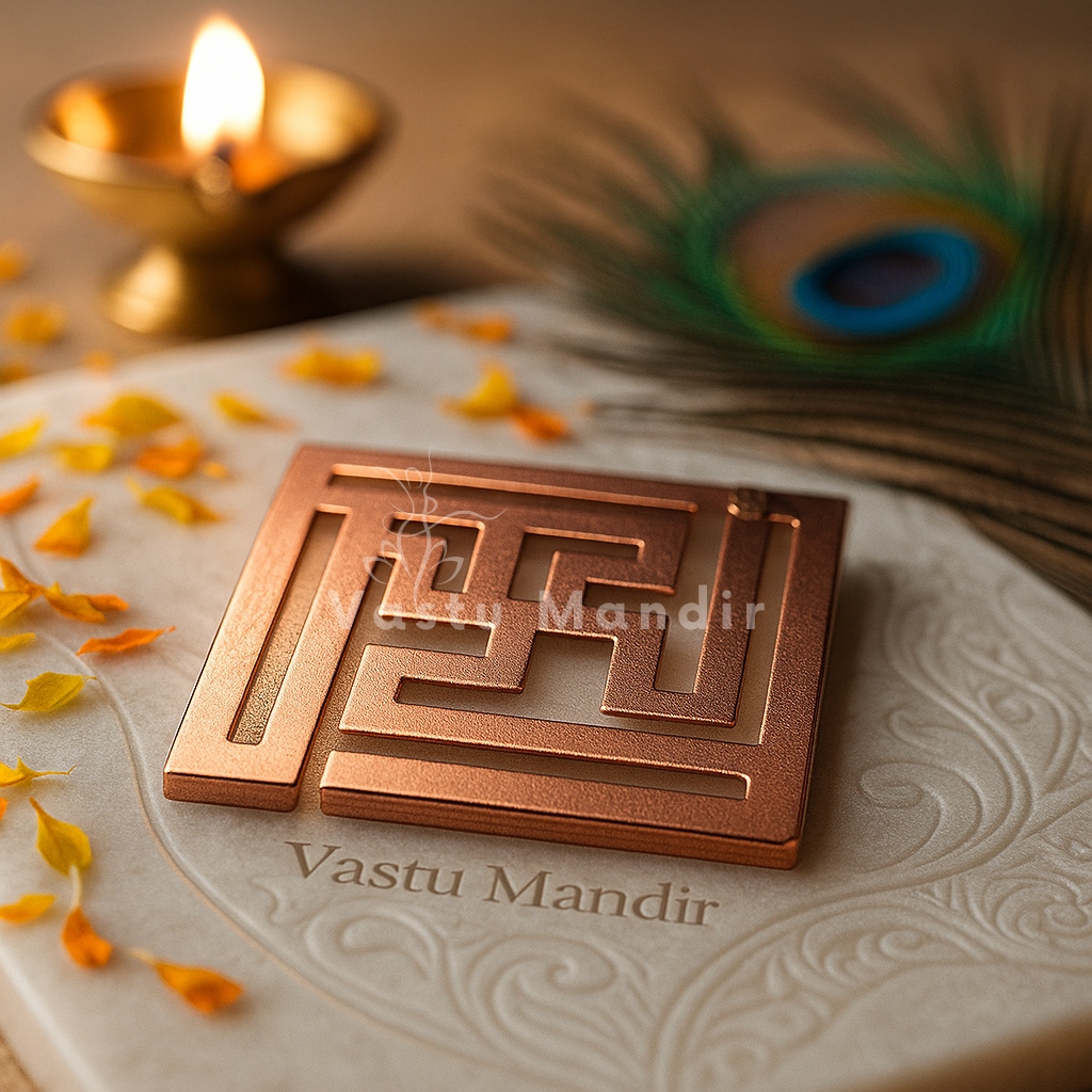 Premium Copper Strip Swastik (Maze) — Wall & Entrance Vastu Defect Remedy (1 Inch) | Vastu Mandir