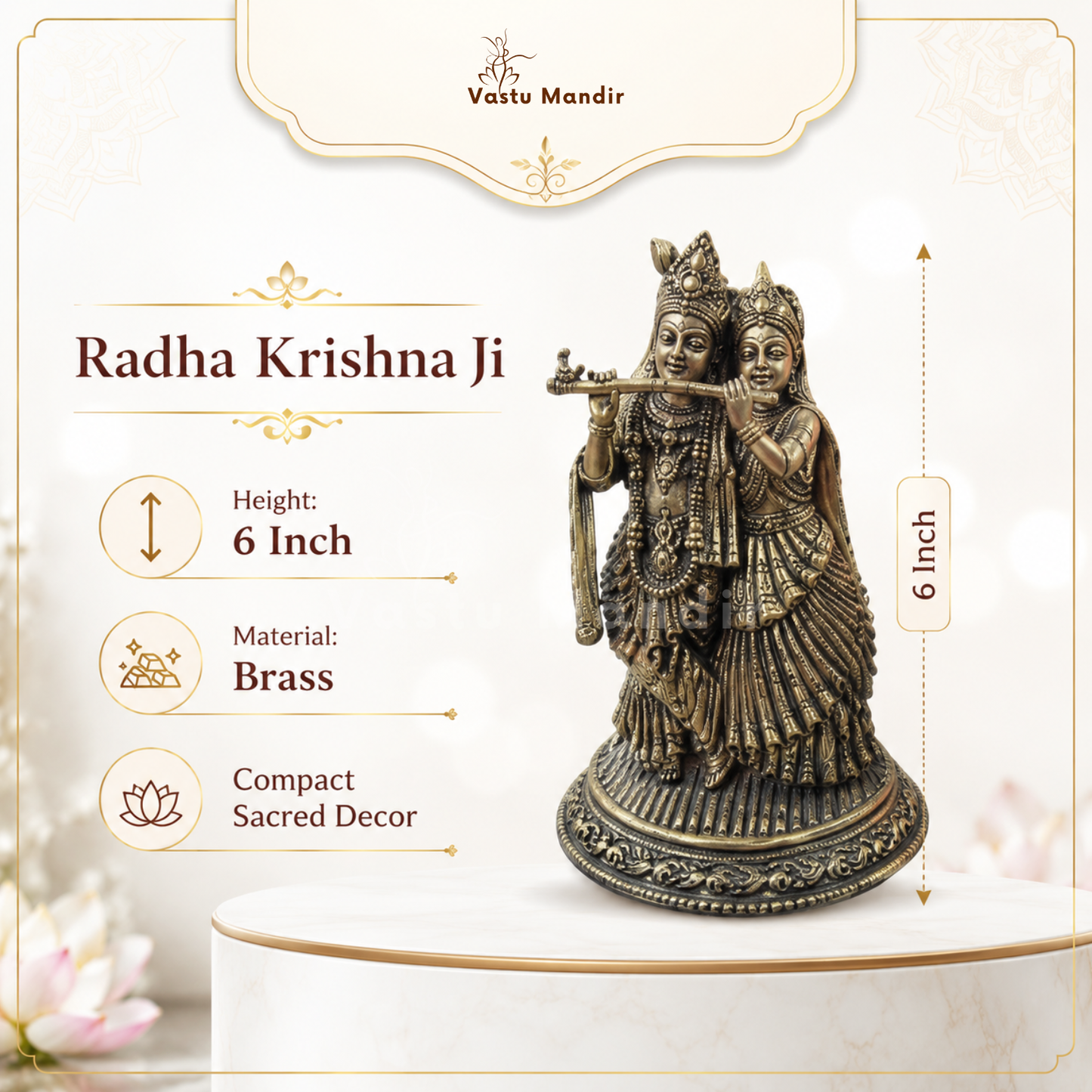 Brass Radha Krishna Idol | Vedic Vastu Sculpture for Love, Harmony & Divine Devotion | 6 Inch | 500 g