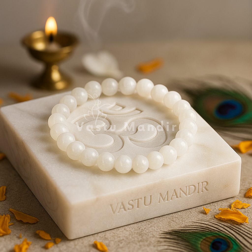 100% Natural White Moonstone beads with signature adularescent shimmer and moon-like glow on a 'Vastu Mandir' stone with a candle and peacock feather in the background