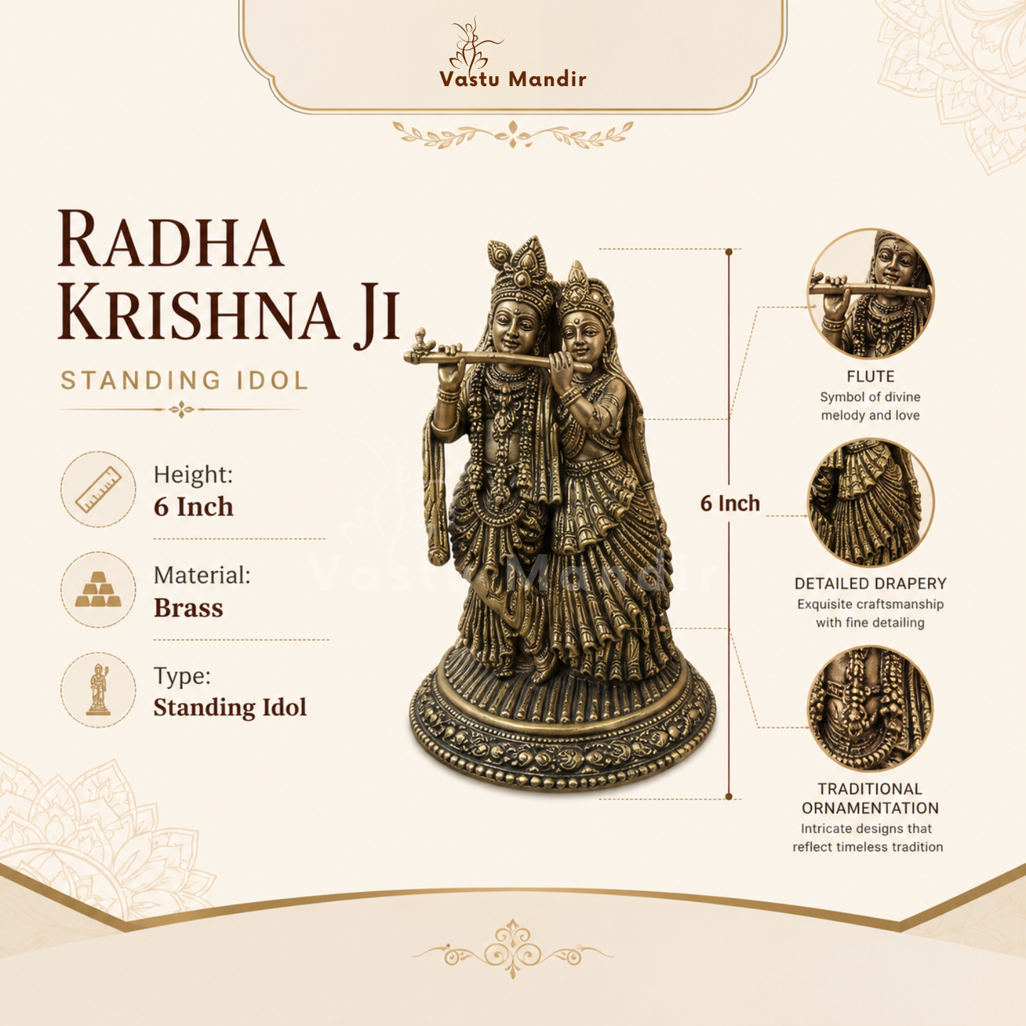 Brass Radha Krishna Idol | Vedic Vastu Sculpture for Love, Harmony & Divine Devotion | 6 Inch | 500 g