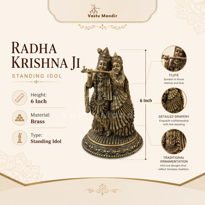 Brass Radha Krishna Idol | Vedic Vastu Sculpture for Love, Harmony & Divine Devotion | 6 Inch | 500 g