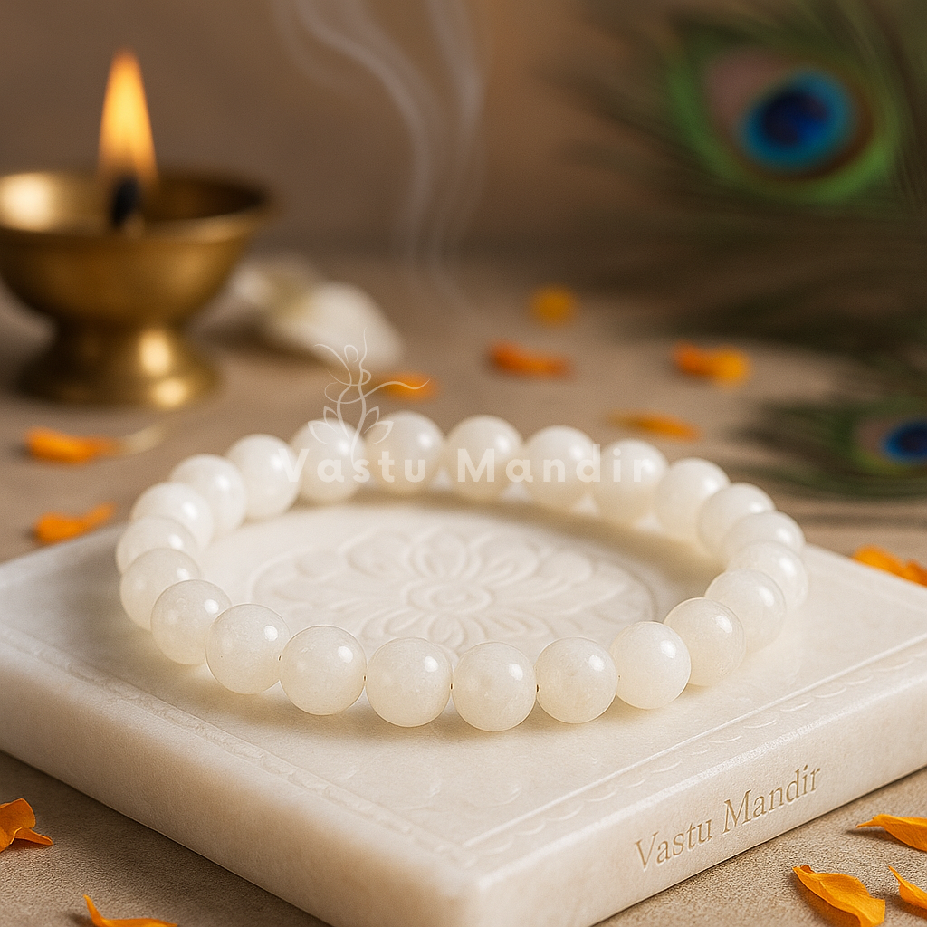 100% Natural White Moonstone beads with signature adularescent shimmer and moon-like glow on a marble slab with 'Vastu Mandir' branding, surrounded by decorative elements.