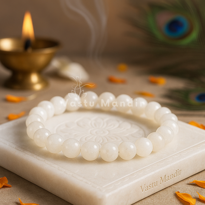 100% Natural White Moonstone beads with signature adularescent shimmer and moon-like glow on a marble slab with 'Vastu Mandir' branding, surrounded by decorative elements.