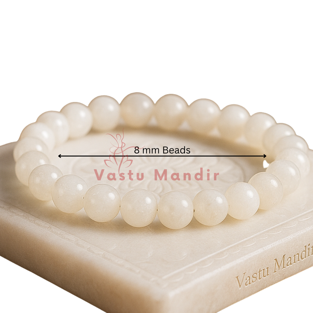 100% Natural White Moonstone beads  with 8 mm beads on a Vastu Mandir branded stand