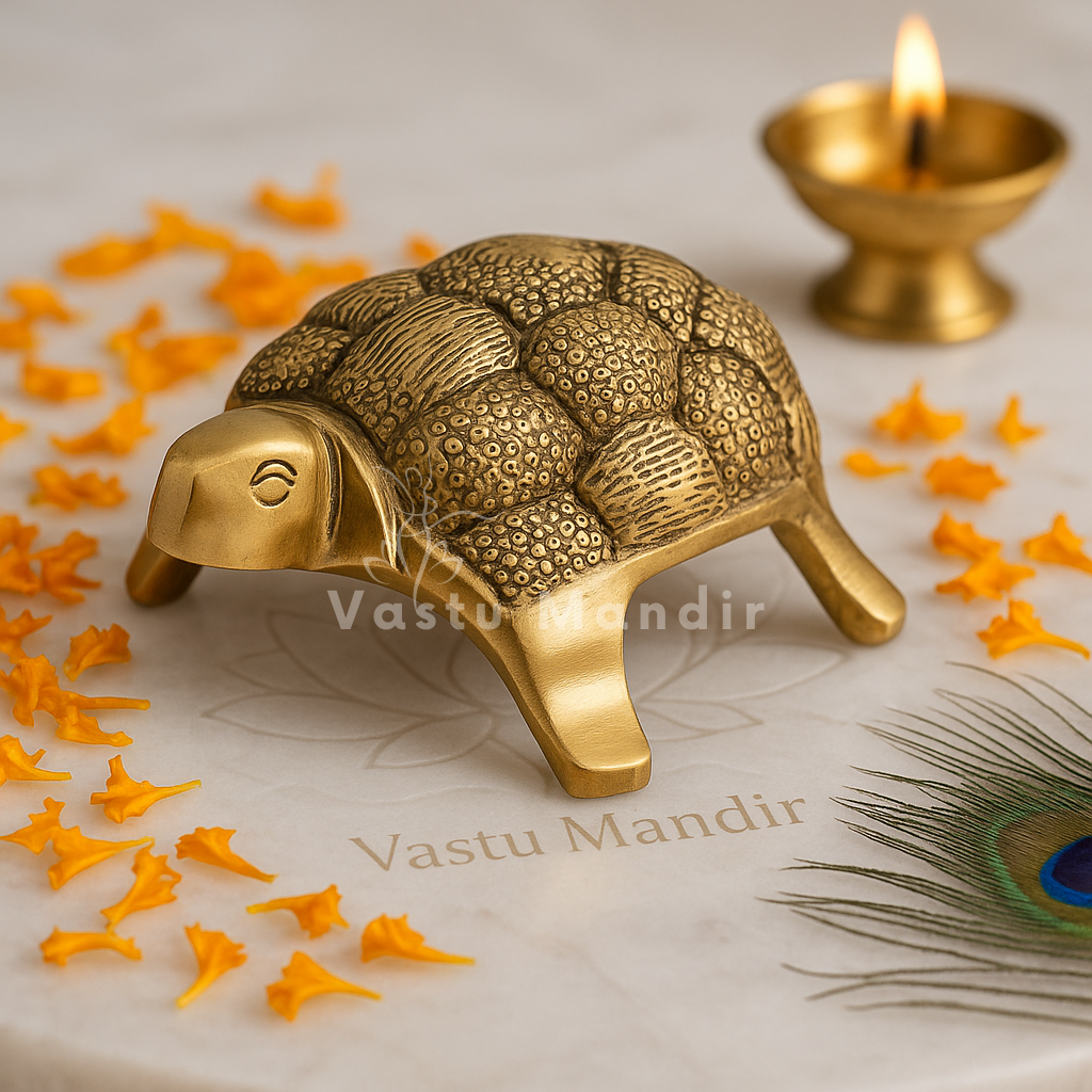 Small Turtle 100% Pure Brass Statue for Vastu correction with decorative elements on a light background, featuring 'Vastu Mandir' branding.