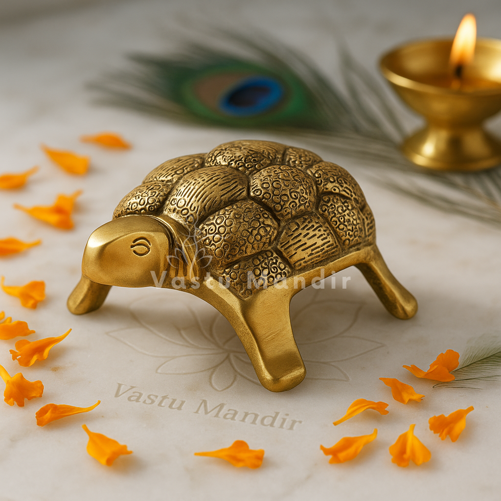 Small Turtle 100% Pure Brass Statue on a decorative surface with flowers and a candle.