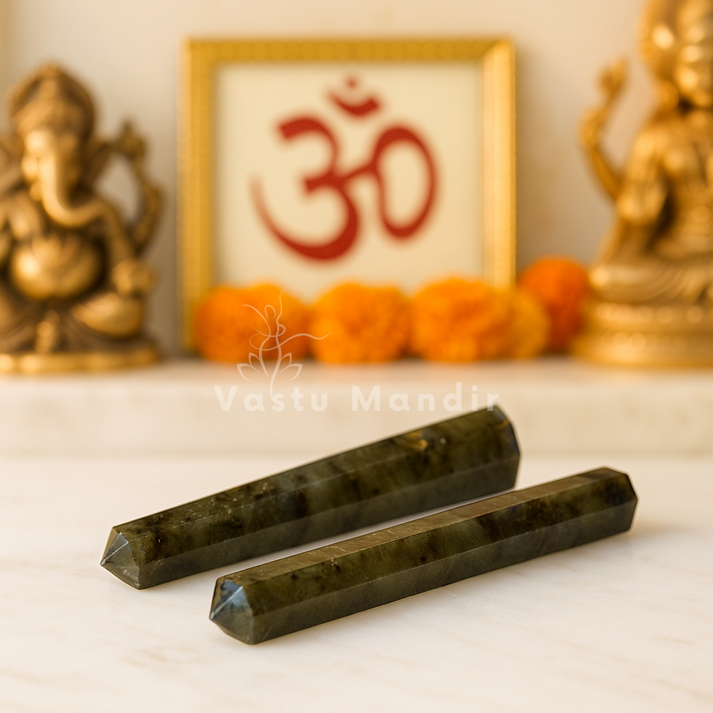 Authentic Labradorite Crystal Pencil for Vastu Cleansing, Aura Protection & Manifestation — Multi-Size Home & Office Remedy | Certified by Vastu Mandir