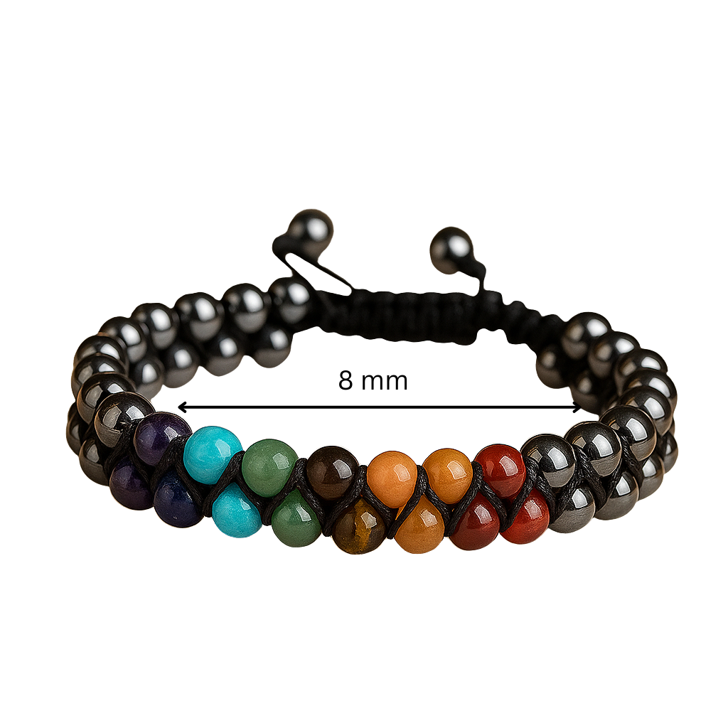 7 chakra hematite double layer bracelet bracelet with measurement label on a white background