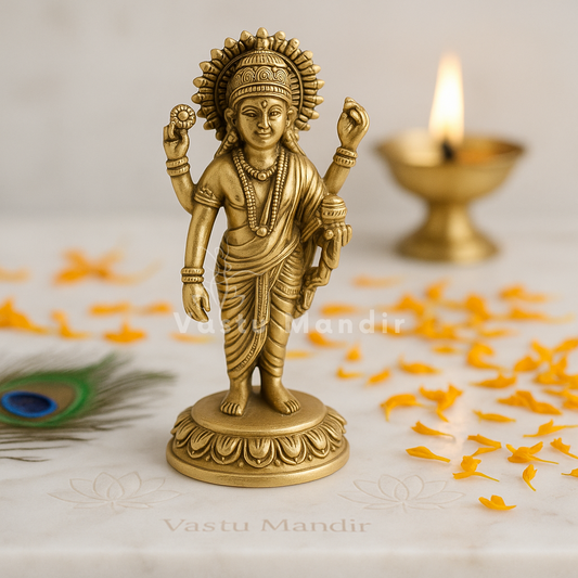 Gold-colored statue of indra dev with decorative elements on a light background