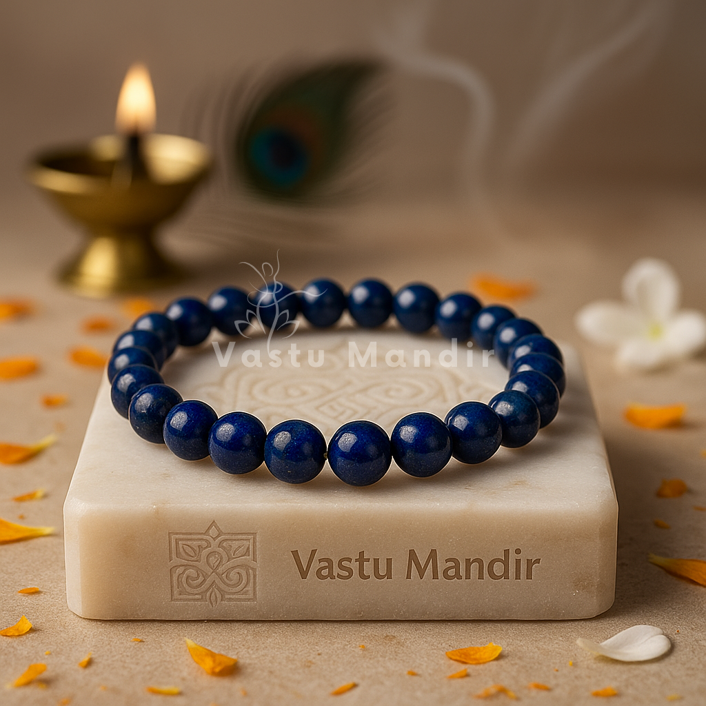 Lapis Lazuli Bracelet — 8mm Beads on a Vastu Mandir stone with decorative elements in the background