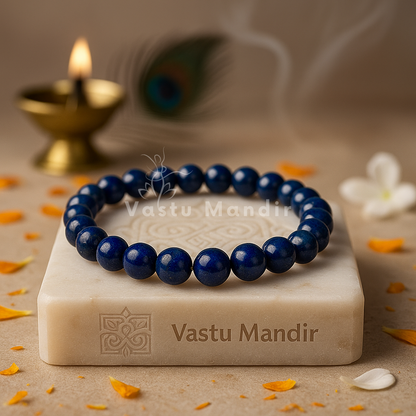 Lapis Lazuli Bracelet — 8mm Beads on a Vastu Mandir stone with decorative elements in the background