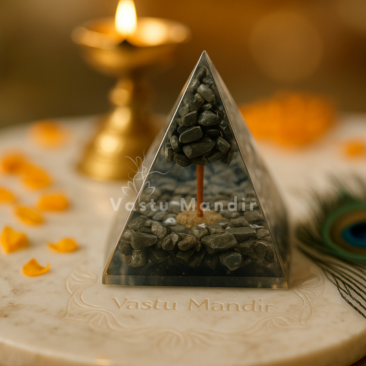 Pyrite Gemstone Money Tree on a surface, featuring 'Vastu Mandir' branding.