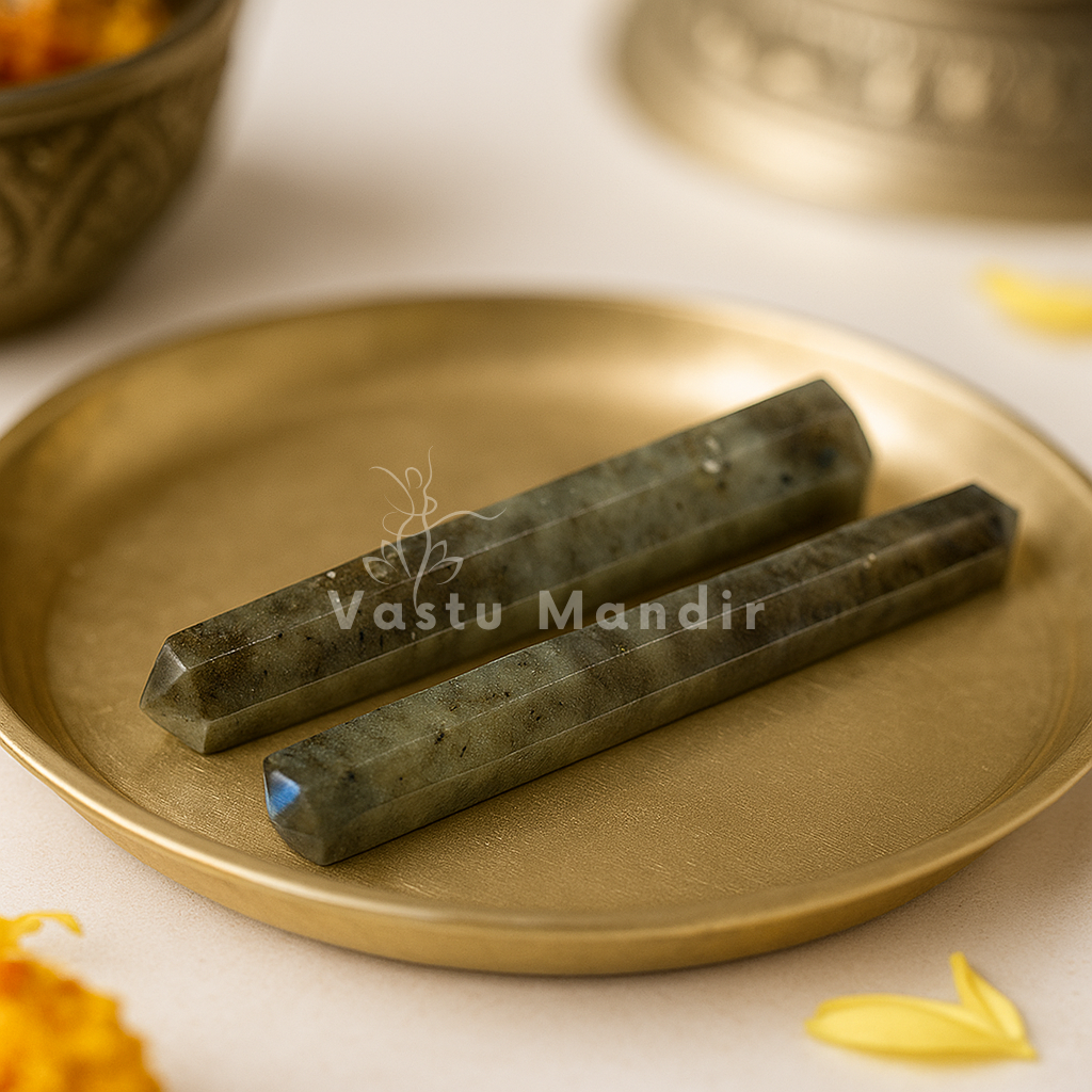 Authentic Labradorite Crystal Pencil for Vastu Cleansing, Aura Protection & Manifestation — Multi-Size Home & Office Remedy | Certified by Vastu Mandir