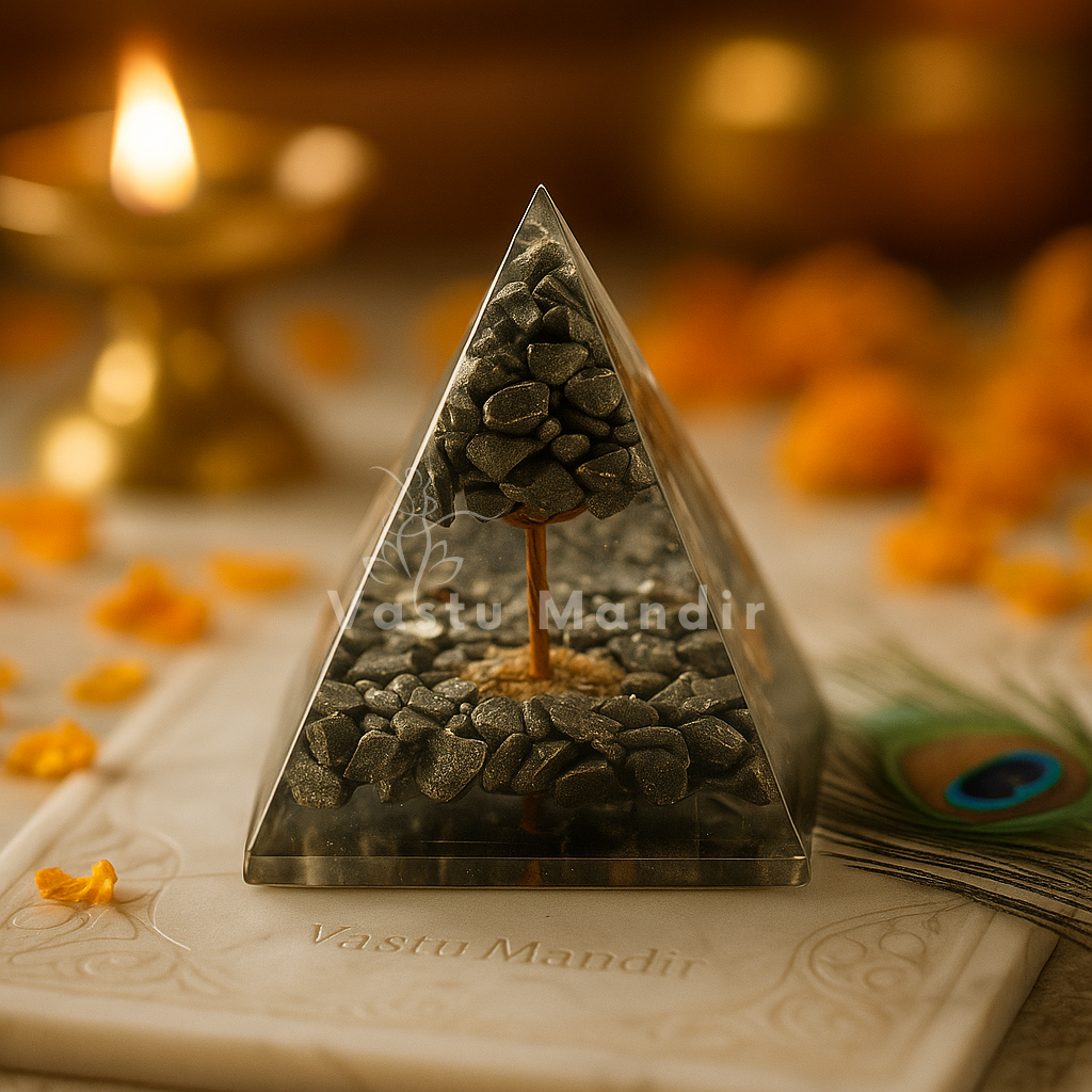 Authentic Pyrite crystal tree on a candle, branded 'Vastu Mandir', on a textured surface with blurred lights in the background.