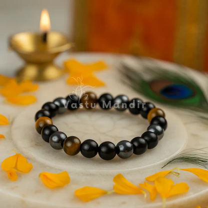 Premium Triple Protection Bracelet 8mm Beads With Black Obsidian Hematite Tiger Eye — Vastu Remedy for EMF Negative Energy Grounding Shield, and Main Door Defects by Vastu Mandir