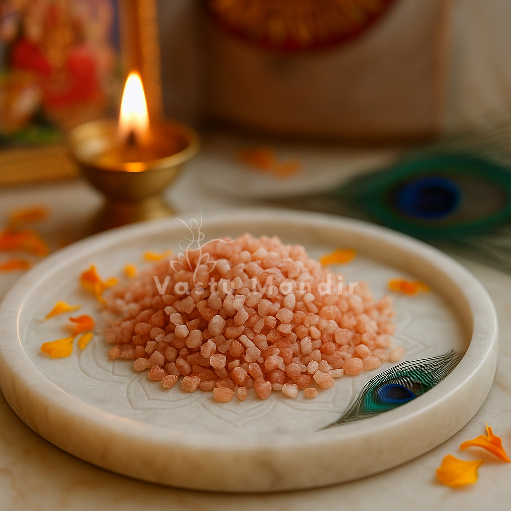 Angled view of rose quartz crystal chips on a white plate with marigold petals and a peacock feather