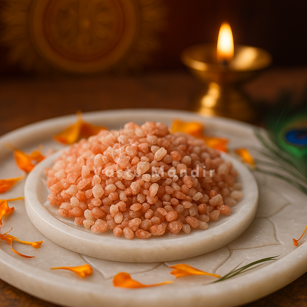 Close view of rose quartz crystal chips on a decorative white plate in a softly lit traditional setting