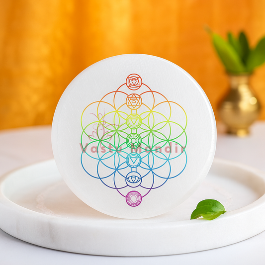 3-Inch Selenite Charging Plate with 7 Chakra Flower of Life Engraving | Essential Crystal Cleanser & Vastu Purifier By Vastu Mandir
