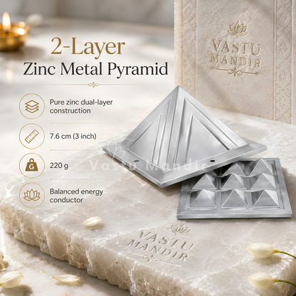 Two-layer zinc metal pyramid mold set displayed on a marble surface with decorative flower petals and a branded box. Text highlights pure zinc dual-layer construction, 7.