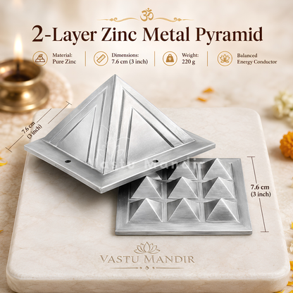 Two zinc metal pyramid-shaped Vastu mandir pieces displayed on a beige marble slab, with text overlays showing dimensions, weight, and material details.