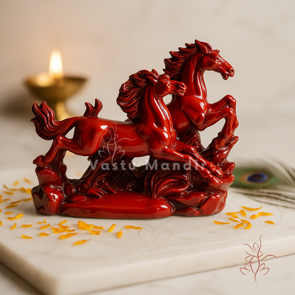 Red horse sculpture on a white surface with a candle in the background