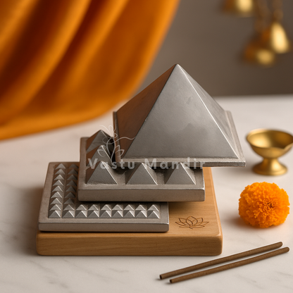 3-Layer Aluminium Pyramid on a wooden base with decorative elements on a light surface.