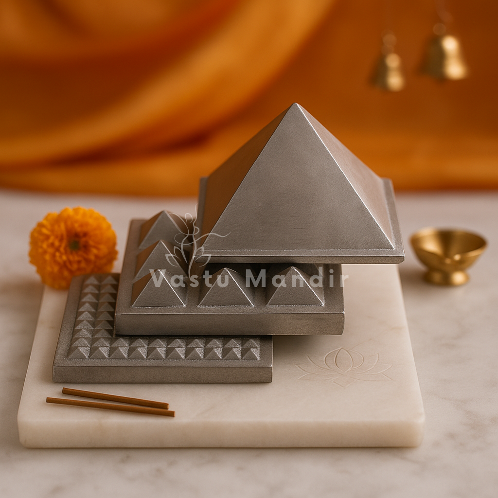 3-Layer Aluminium Pyramid on a marble base with 'Vastu Mandir' branding, surrounded by flowers and incense.