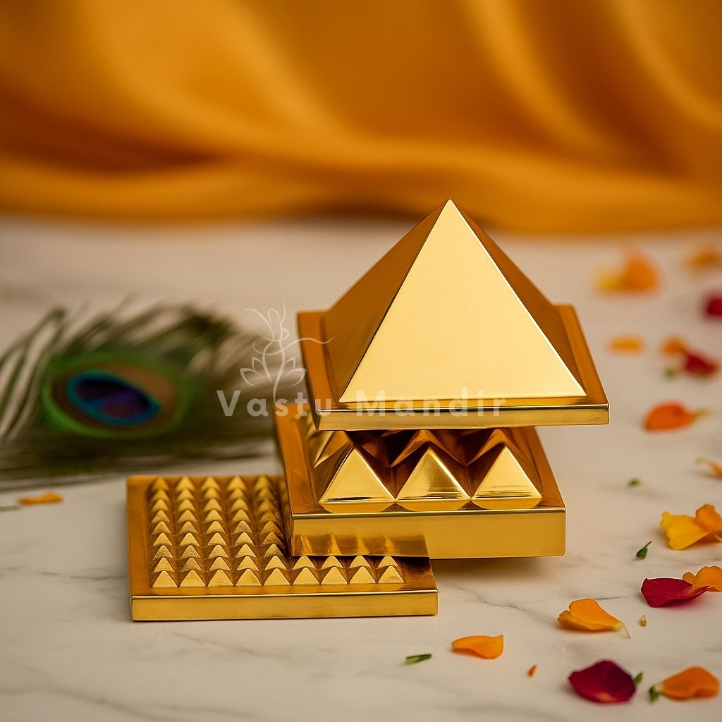 3-Layer Brass Pyramid on a marble surface with peacock feathers and flower petals.