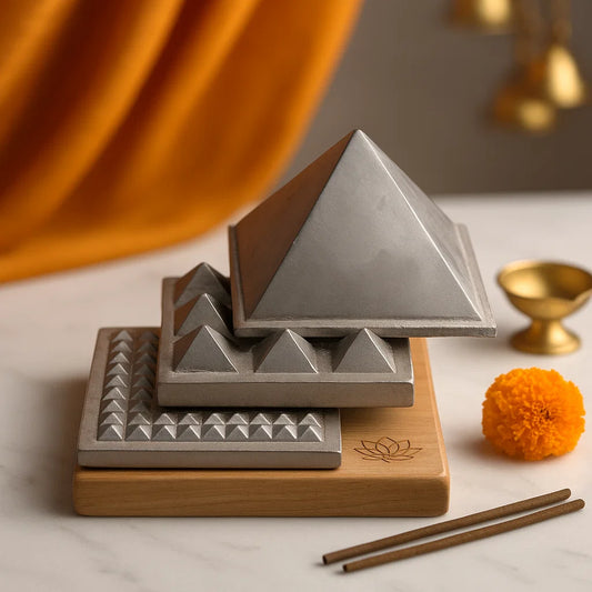 A 3-layer zinc Vastu pyramid on a wooden base with decorative elements on a light surface.