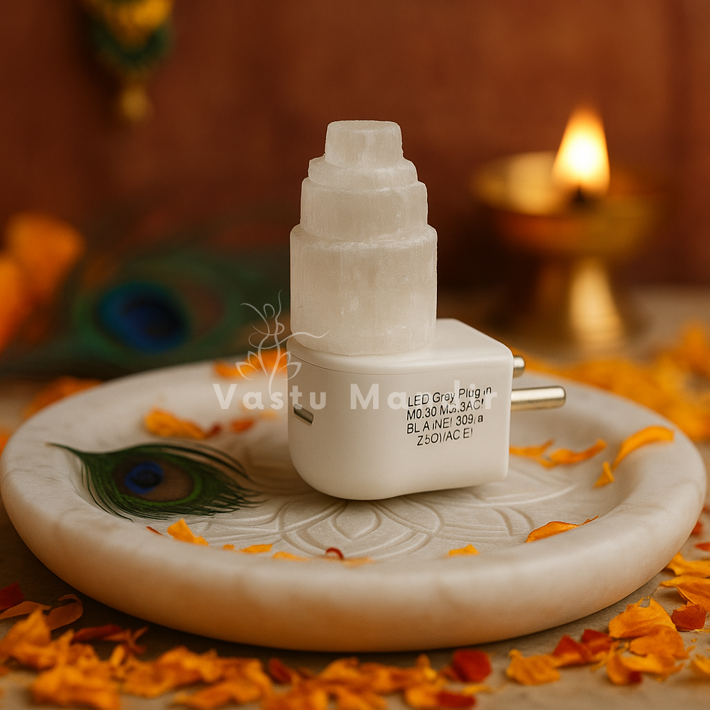 Selenite Crystal Lamp Blue LED Vastu Remedy for Throat Chakra Communication Enhancement North Direction on a decorative stone platform with flowers and a blurred background