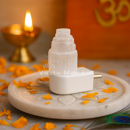 Natural Selenite Lamp White LED Vastu Remedy for Crown Chakra Spiritual Purification Northeast Ishaan Corne on a decorative plate with orange petals and a lit candle in the background.