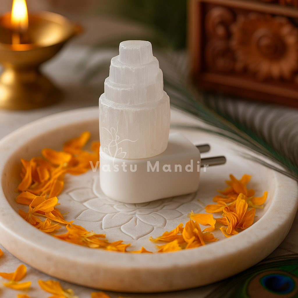 Authentic Selenite Crystal Lamp Vastu Remedy LED Light for Aura Cleansing Meditation Space Northeast Corner on a round plate with orange flowers, surrounded by a warm glow.
