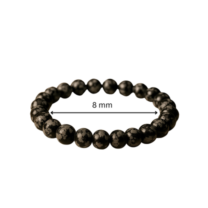 natural snowflake obsidian bracelet with a measurement label indicating 8 mm beads on a white background