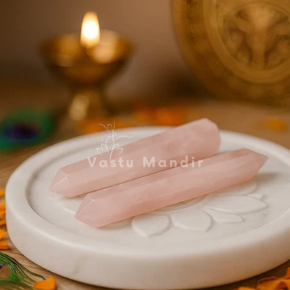Natural Rose Quartz Crystal Pencil – Universal Vastu Remedy for Peace, Compassion & Relationship Balance (2-6 Inch) | Certified by Vastu Mandir