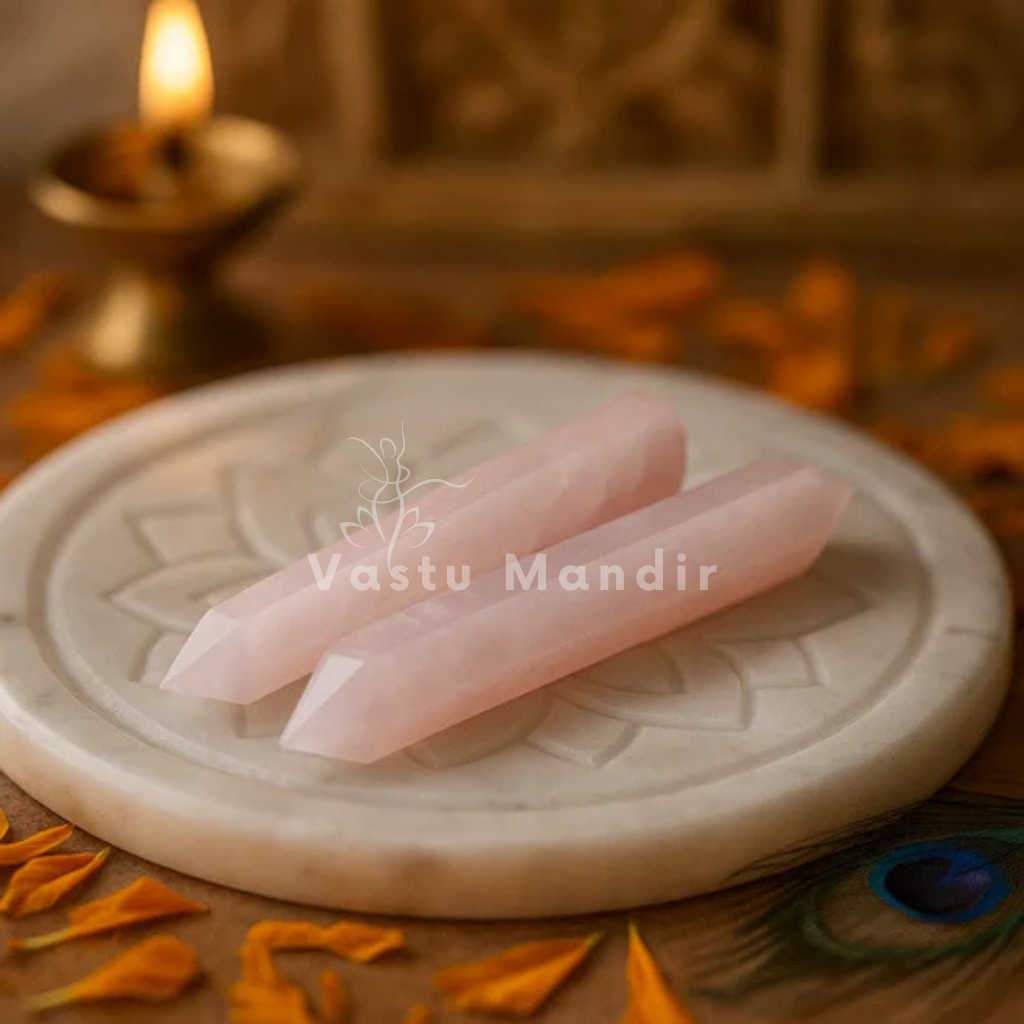 Natural Rose Quartz Crystal Pencil – Universal Vastu Remedy for Peace, Compassion & Relationship Balance (2-6 Inch) | Certified by Vastu Mandir