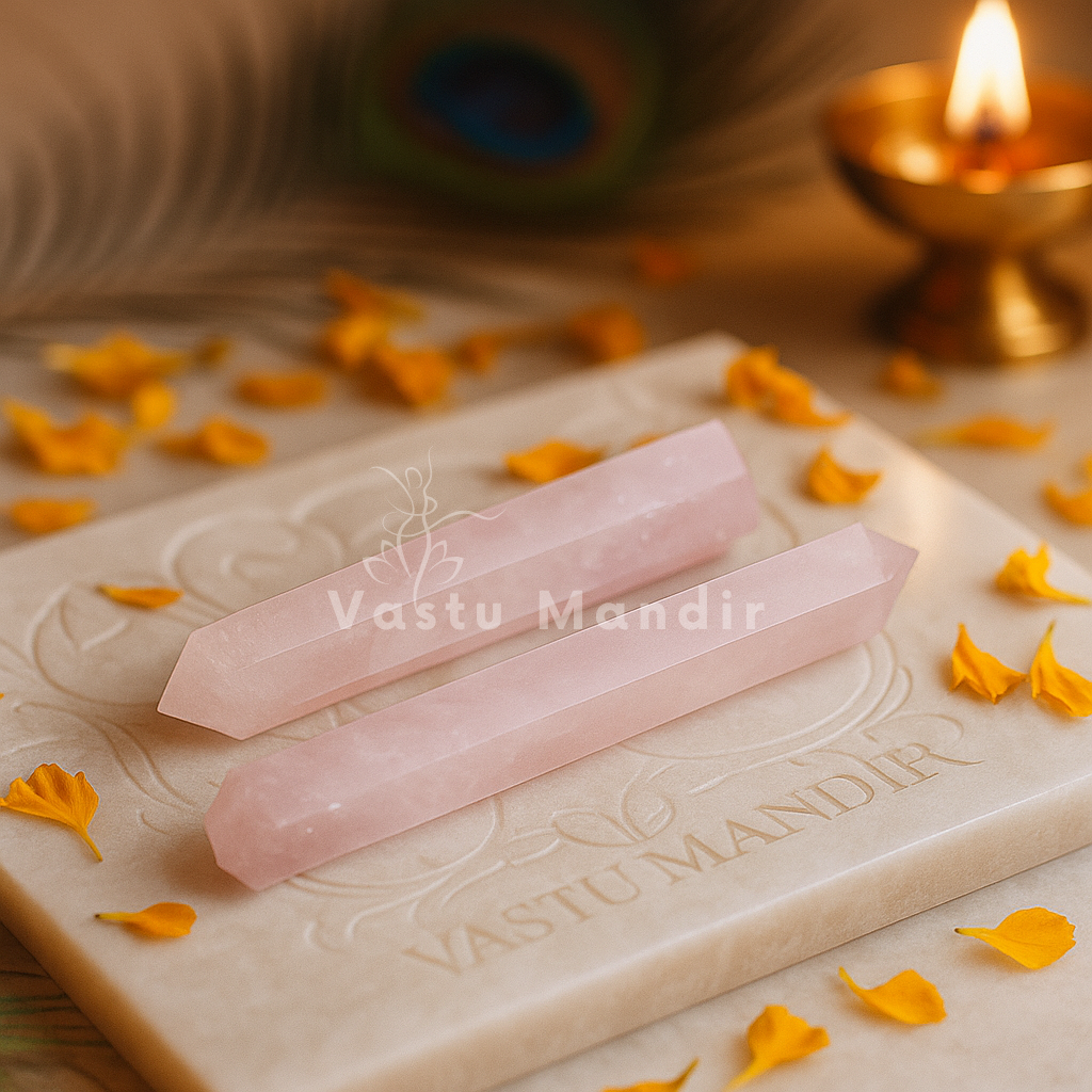Natural Rose Quartz Crystal Pencil – Universal Vastu Remedy for Peace, Compassion & Relationship Balance (2-6 Inch) | Certified by Vastu Mandir