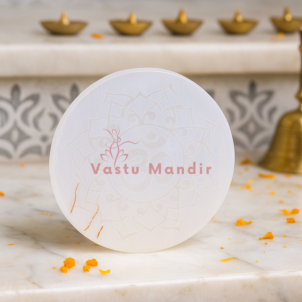 Sacred Om Symbol Selenite Charger (3 Inch) – High-Frequency Vastu Cleansing, Inner Harmony, and Effortless Crystal Cleansing