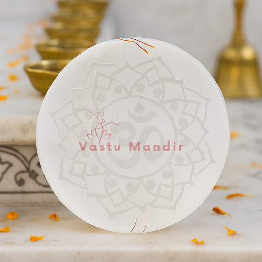 Sacred Om Symbol Selenite Charger (3 Inch) – High-Frequency Vastu Cleansing, Inner Harmony, and Effortless Crystal Cleansing