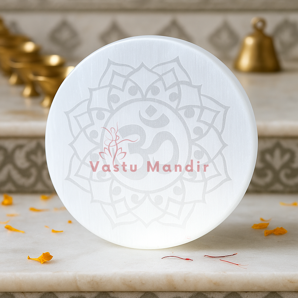 Sacred Om Symbol Selenite Charger (3 Inch) – High-Frequency Vastu Cleansing, Inner Harmony, and Effortless Crystal Cleansing