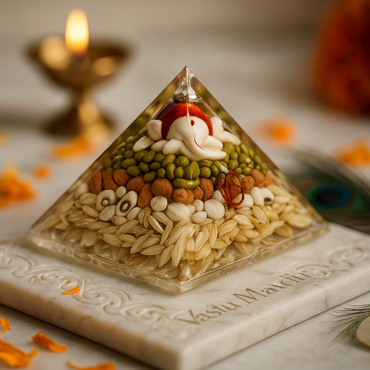 Annapurna Vastu Pyramid (75MM) on a marble surface with 'Vastu Mandir' branding.