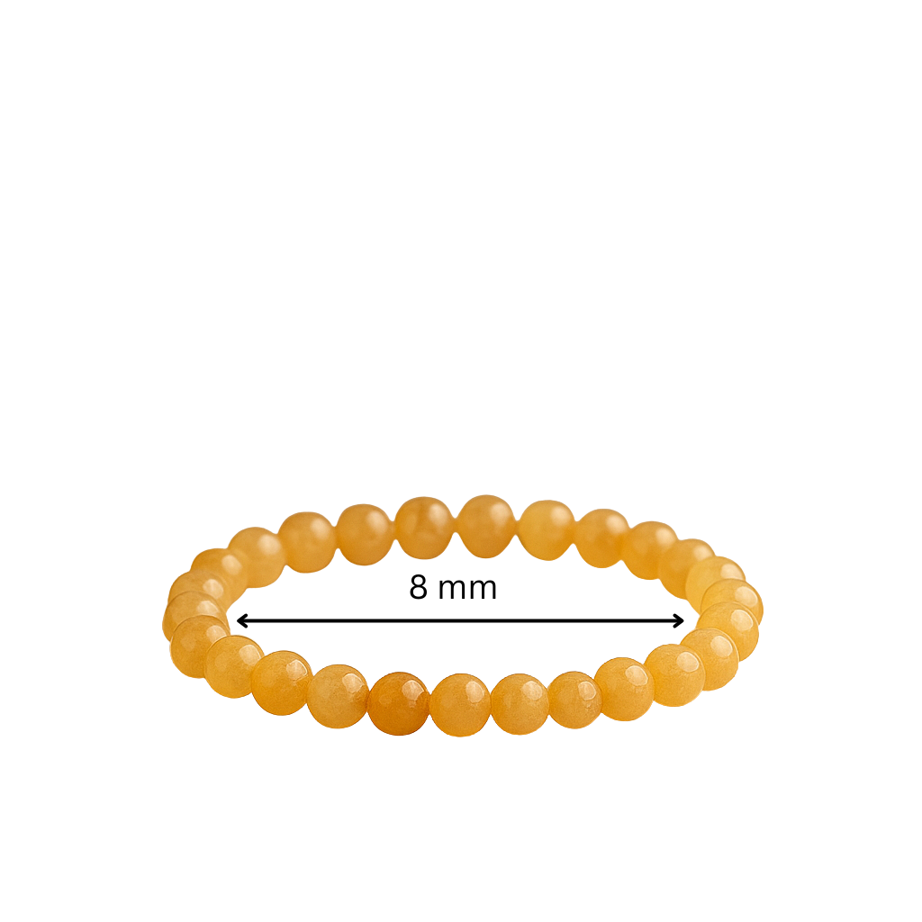 Rutile quartz bracelet with a measurement label indicating 8 mm diameter on a white background