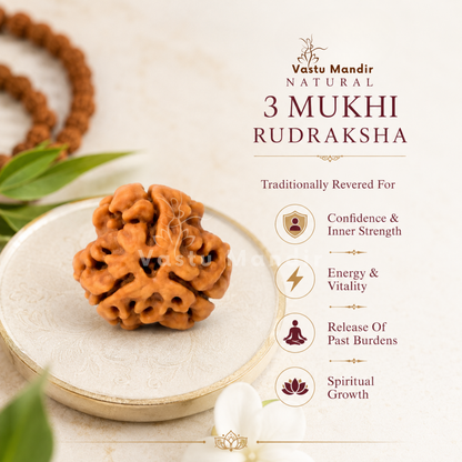 Authentic 3 Mukhi Rudraksha – Vastu Remedy for Confidence Boost & Karma Cleansing | Ideal for South-East Fire Element Activation