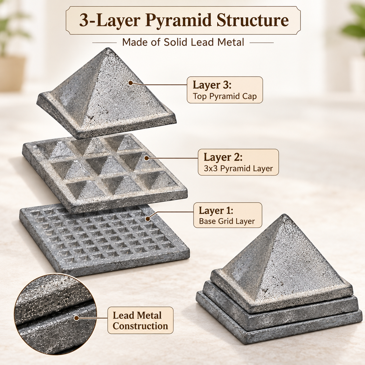 3-Layer Lead Metal Pyramid Vastu Remedy for South West Direction Correction, Health Stability and Wealth Support for Entrance, Kitchen and Home Energy Balance | 7.5 x 7.5 x 5.8 cm | 950 g
