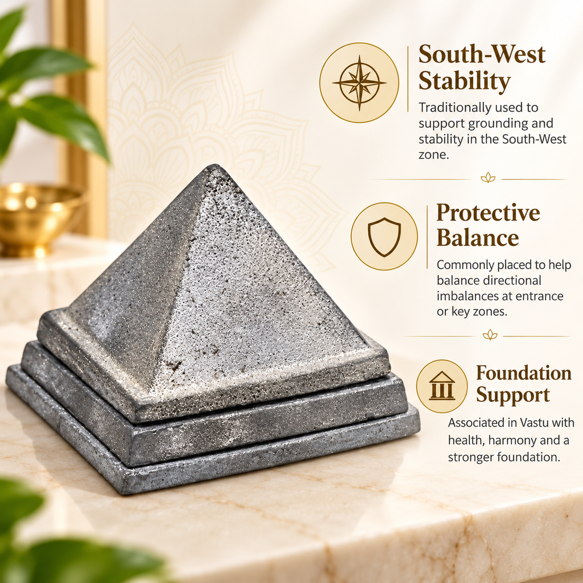 3-Layer Lead Metal Pyramid Vastu Remedy for South West Direction Correction, Health Stability and Wealth Support for Entrance, Kitchen and Home Energy Balance | 7.5 x 7.5 x 5.8 cm | 950 g