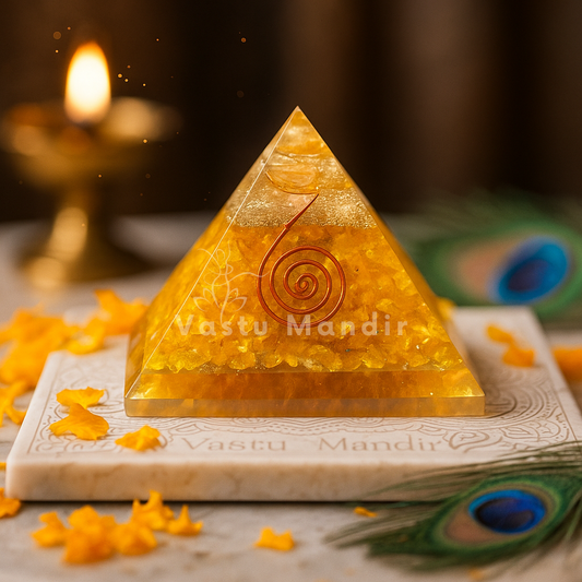 Yellow Citrine Orgonite Pyramid used as a Vastu remedy to attract wealth, money, and financial abundance.

