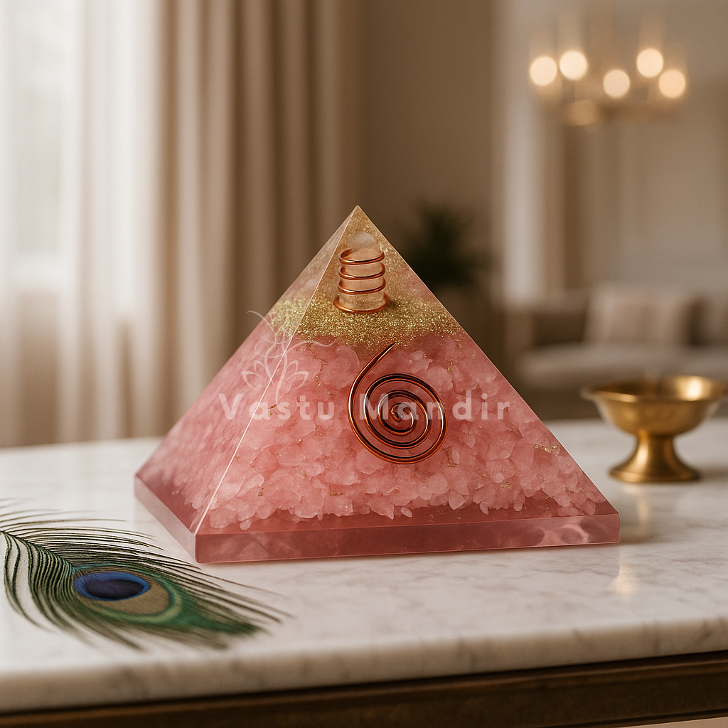 Rose Quartz Orgonite Pyramid on a marble surface, branded 'Vastu Mandir'.