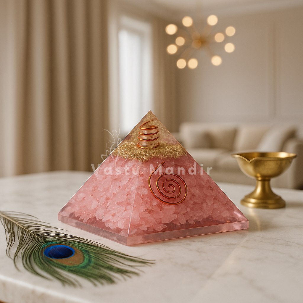 Rose Quartz Orgonite Pyramid on a marble surface, featuring the brand 'Vastu Mandir'.